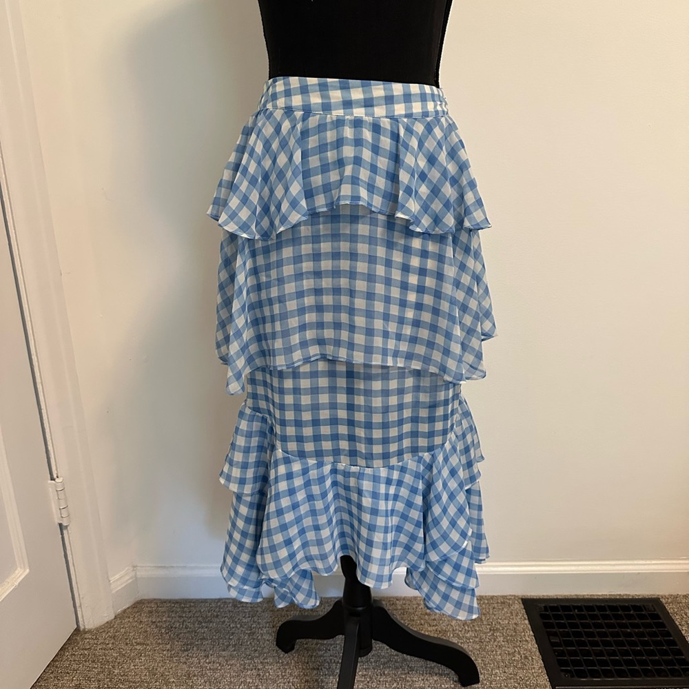 For Love and Lemons Dorothy Blue Gingham Tiered Midi Skirt - Picture 3 of 7